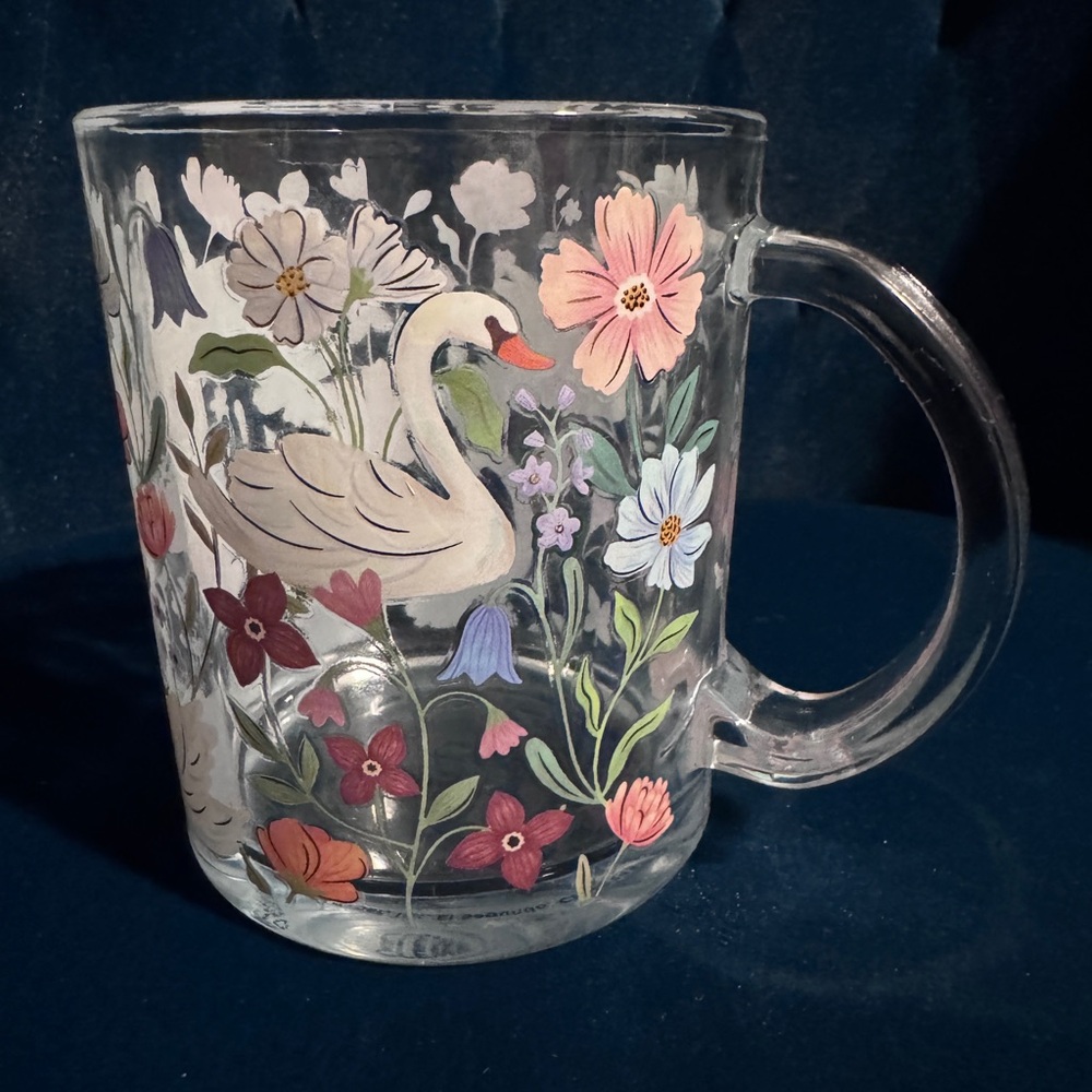 NEW Clementine Paper Swan & Floral Glass Coffee Mug Botanical Pattern